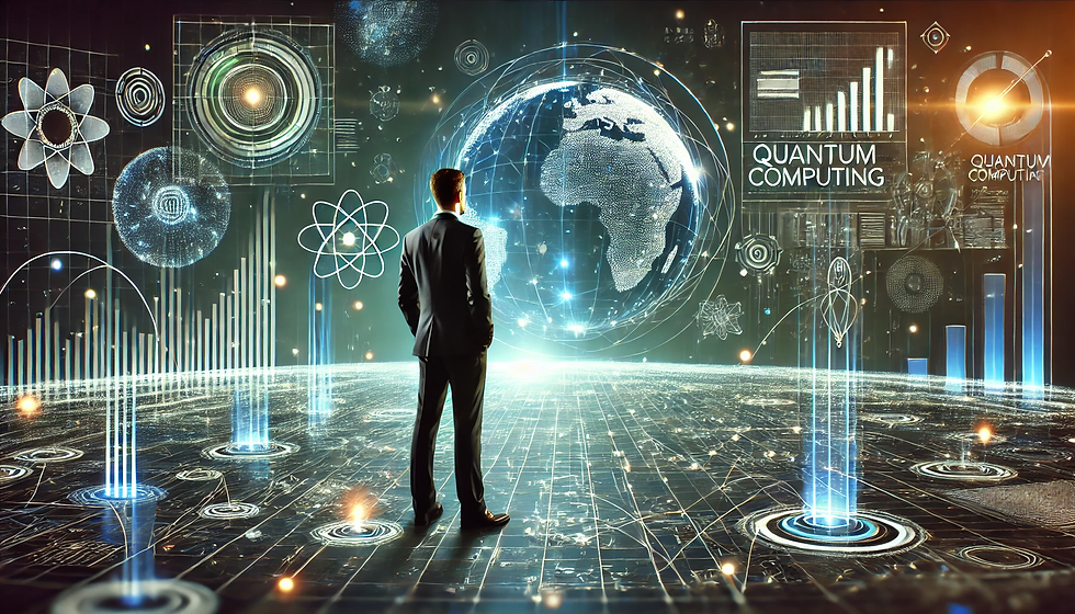 Businessman Looking at a Digital Quantum World: A person in business attire looking at a digital representation of a quantum computing environment, with floating data points and futuristic elements.
