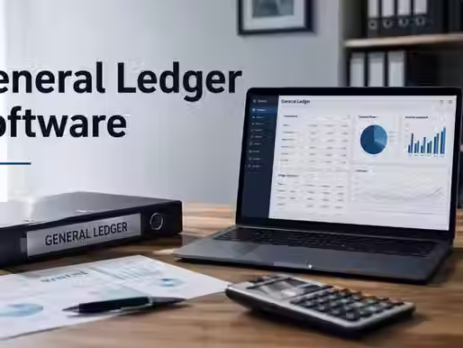 Ultra-realistic general ledger software dashboard on a laptop with financial reports on a modern desk.