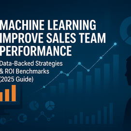 Ultra-realistic infographic on how machine learning improves sales team performance in 2025, featuring silhouetted figure, bar and pie charts, ROI metrics, and predictive sales analytics on a dark blue background with data-driven visuals.