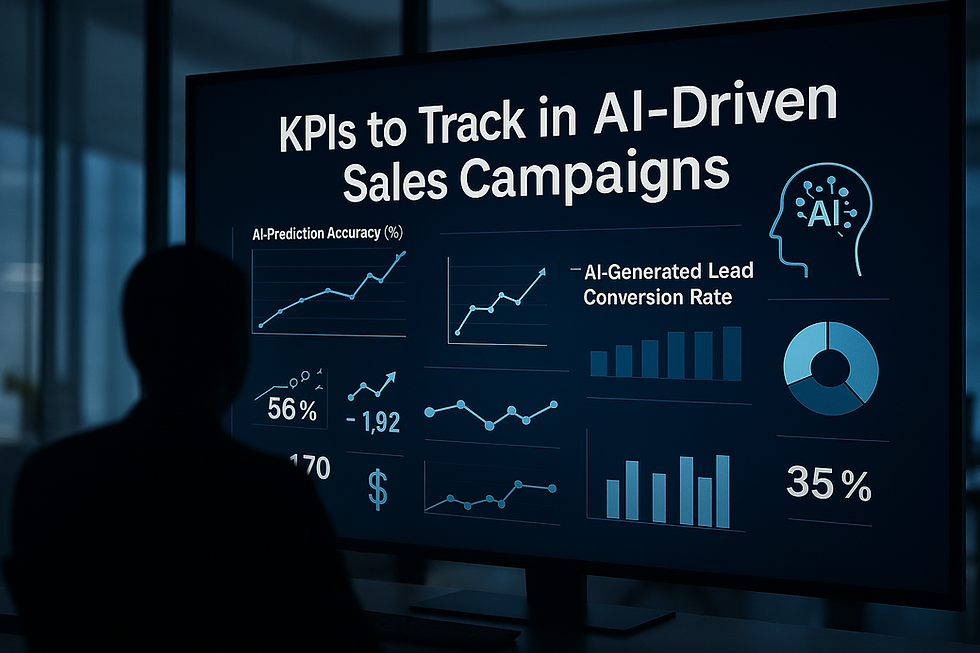 Silhouetted figure viewing a digital screen displaying key performance indicators (KPIs) for AI-driven sales campaigns, including AI prediction accuracy, lead conversion rates, and sales analytics charts in a modern office environment.