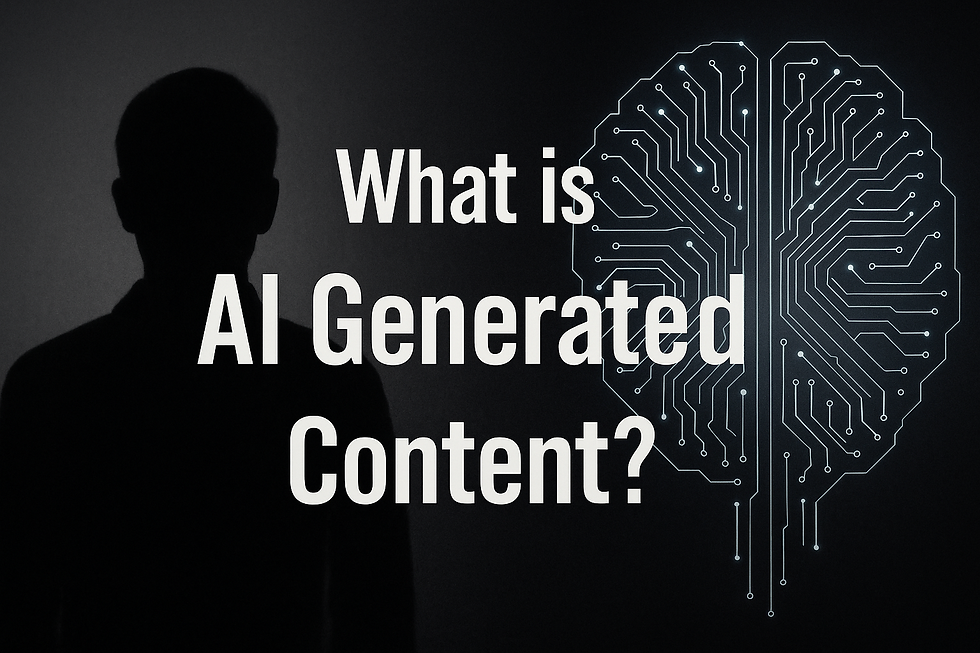 Ultra-realistic dark-themed image showing a silhouetted faceless human figure on the left and a glowing digital brain made of circuit lines on the right, with bold white text overlay reading “What is AI Generated Content?” — visually representing artificial intelligence and machine-generated media.