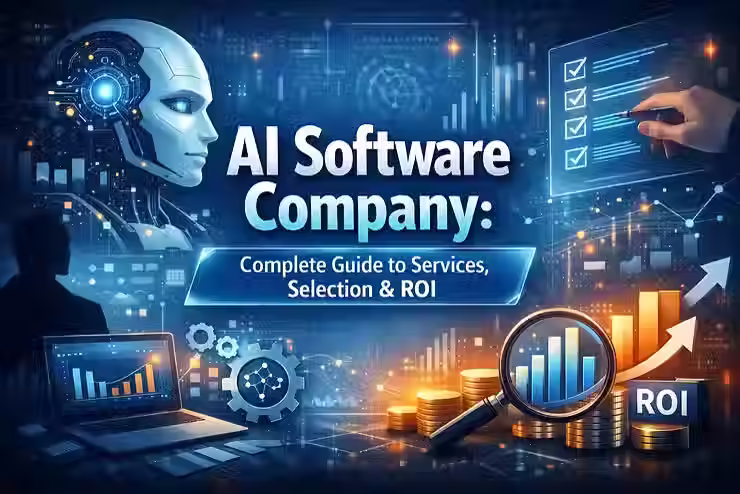 AI software guide with robot, data visuals, and ROI graphics