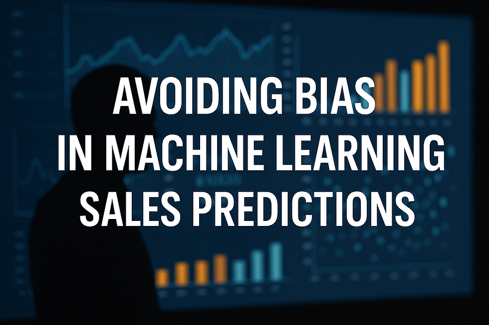 Silhouetted man analyzing sales data dashboards with line and bar charts; bold white text overlay reads "Avoiding Bias in Machine Learning Sales Predictions" against a dark blue ultra-realistic tech background.
