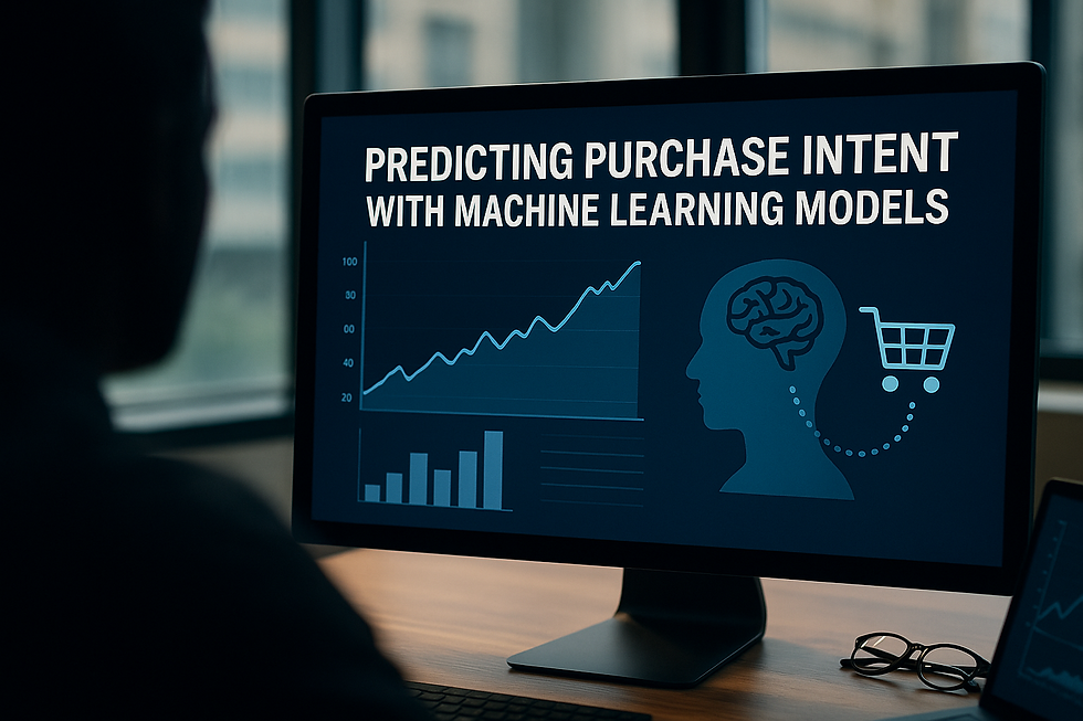 Silhouetted person analyzing machine learning dashboard displaying graphs and brain-cart icon for predicting purchase intent, in a modern office setting