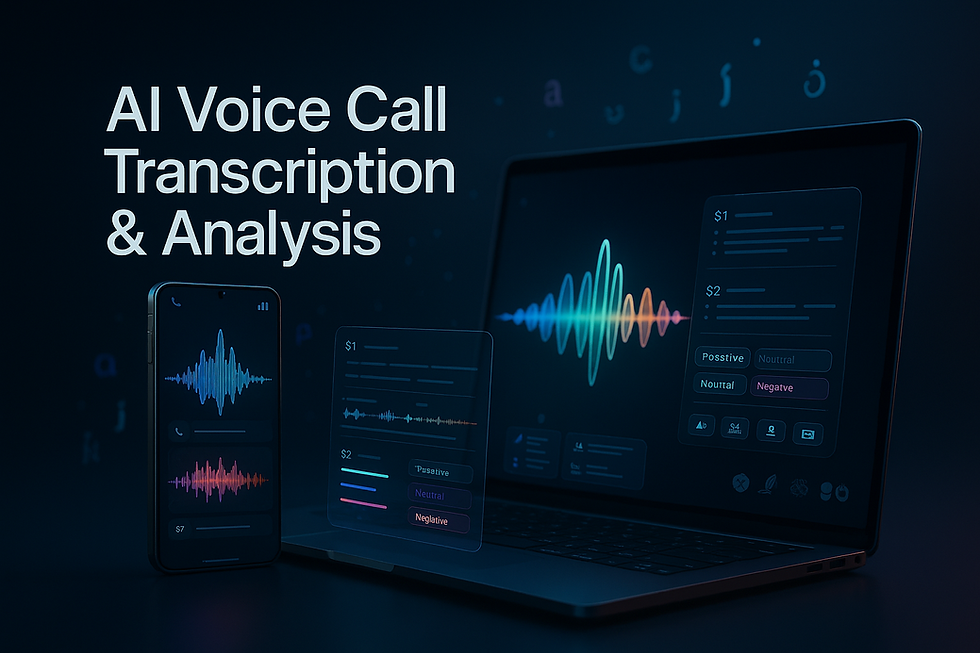 AI voice call transcription & analysis dashboard on laptop and phone.