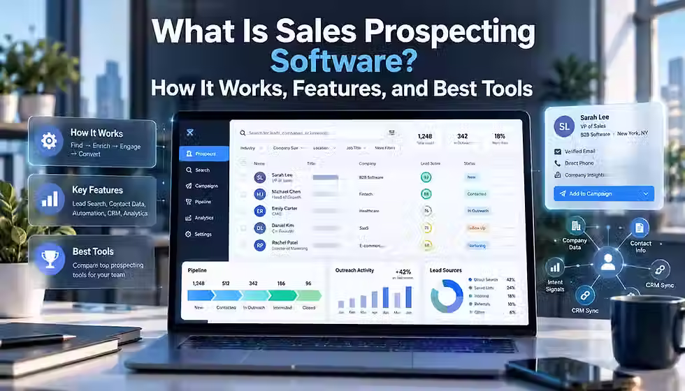 Sales prospecting software dashboard with lead tracking, CRM, automation, and analytics.