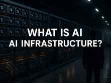 Ultra-realistic image of AI infrastructure inside a modern data center with high-performance GPU servers and a silhouetted human figure observing the glowing server racks, representing the backbone of artificial intelligence technology in 2025.