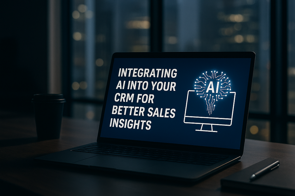 Ultra-realistic image of a laptop on a desk in a modern office at night, displaying the text "Integrating AI into Your CRM for Better Sales Insights" with a glowing AI brain icon on the screen; coffee cup and notebook visible, with a blurred city skyline in the background.