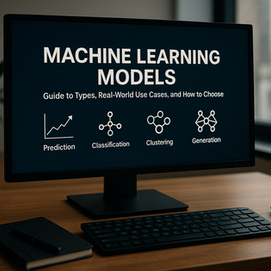Ultra-realistic office workspace with a computer screen displaying 'Machine Learning Models: Guide to Types, Real-World Use Cases, and How to Choose' with icons for prediction, classification, clustering, and generation, alongside a keyboard, notebook, coffee mug, and indoor plant on a wooden desk in natural daylight.