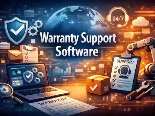 Ultra-realistic Warranty Support Software banner with laptop dashboard, shield, and 24/7 support icons.