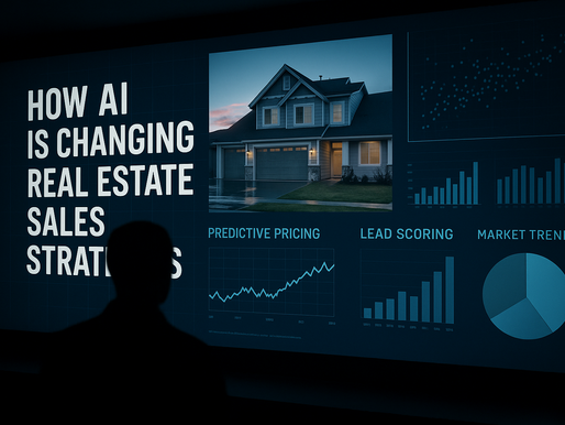 Ultra-realistic image showing a silhouetted real estate professional analyzing a large digital display with AI-driven real estate sales strategies, featuring predictive pricing charts, lead scoring graphs, market trend visualizations, and a property photo—highlighting the impact of AI in real estate sales.