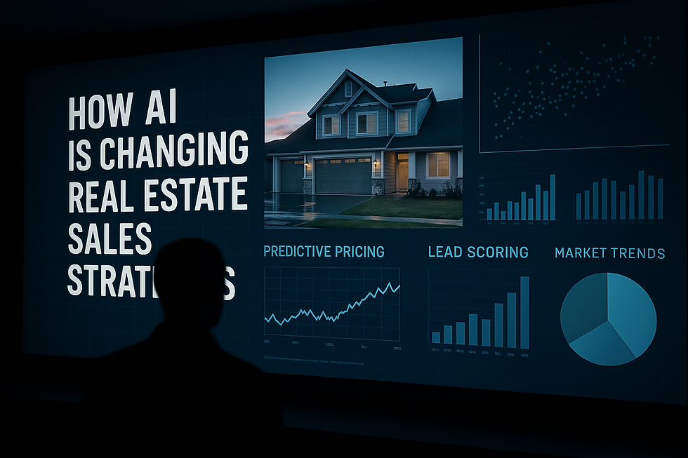 Ultra-realistic image showing a silhouetted real estate professional analyzing a large digital display with AI-driven real estate sales strategies, featuring predictive pricing charts, lead scoring graphs, market trend visualizations, and a property photo—highlighting the impact of AI in real estate sales.