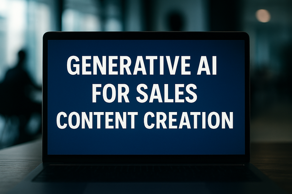 Laptop screen displaying the phrase "Generative AI for Sales Content Creation" in bold white text, set in a modern office environment with silhouetted figures in the background, symbolizing the use of AI technology in professional sales content generation.