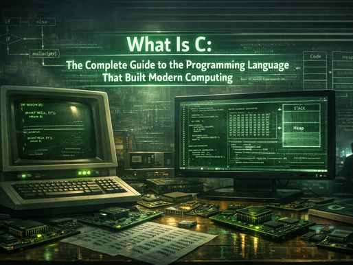 C programming hero image with green code, hex dumps, and stack/heap diagrams.