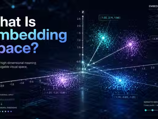 Embedding space visualization with glowing data clusters and vectors.