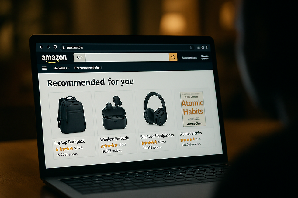 Ultra-realistic image of a laptop displaying Amazon’s machine learning-based sales recommendations, featuring products like a backpack, wireless earbuds, headphones, and the book Atomic Habits, with a silhouetted figure in the background.