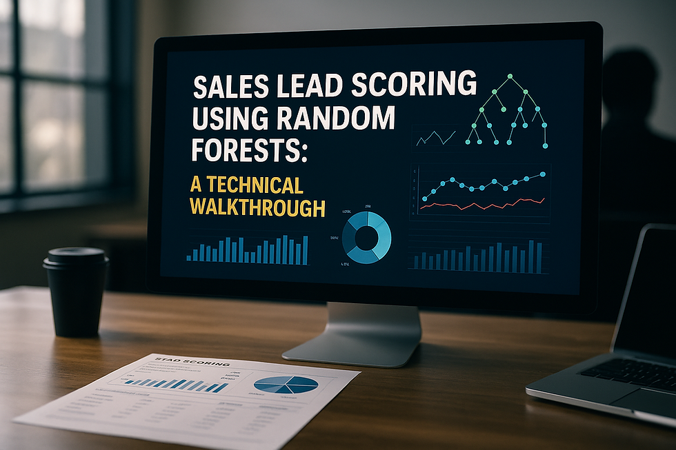Ultra-realistic image of a modern office desk with a computer screen displaying the title "Sales Lead Scoring Using Random Forests: A Technical Walkthrough" alongside data visualizations, graphs, and a decision tree diagram; a paper with charts lies on the desk, and a faceless, silhouetted figure is blurred in the background, representing data-driven sales environments.