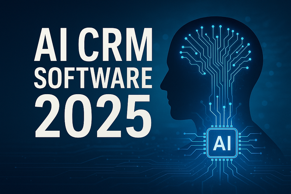 AI CRM Software 2025 promotional image featuring bold white text on a blue tech background with a faceless human silhouette profile integrated with glowing blue circuit lines connected to a central AI microchip, symbolizing artificial intelligence in customer relationship management systems.