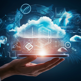 An image showing a digital transformation theme, with elements like data clouds, interconnected devices, and futuristic visuals