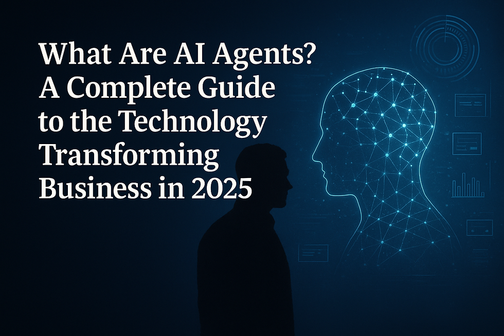 Ultra-realistic 2025 digital concept image showing a silhouetted businessperson facing a glowing AI agent head made of connected nodes and circuits, symbolizing autonomous artificial intelligence systems transforming business. Includes futuristic data graphs and interface elements in the background. Title text reads: "What Are AI Agents? A Complete Guide to the Technology Transforming Business in 2025."