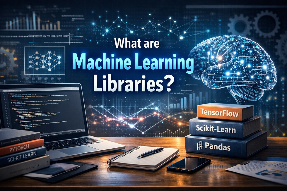 Ultra-realistic banner: “What are Machine Learning Libraries?” with laptop code, AI brain, and ML library books.