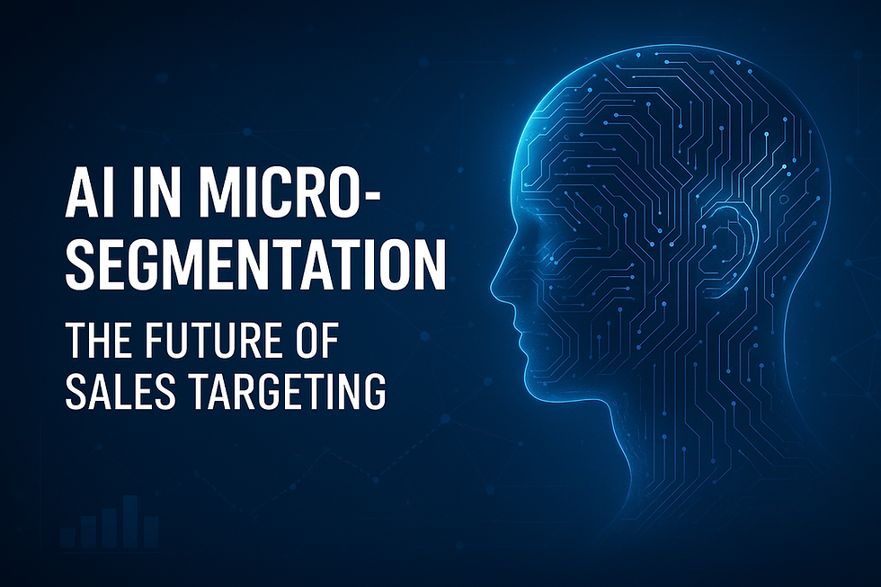 Ultra-realistic digital illustration of AI in micro-segmentation for sales targeting, featuring a glowing faceless human head silhouette with circuit board patterns on a dark blue background, symbolizing artificial intelligence, data segmentation, and machine learning in business technology.