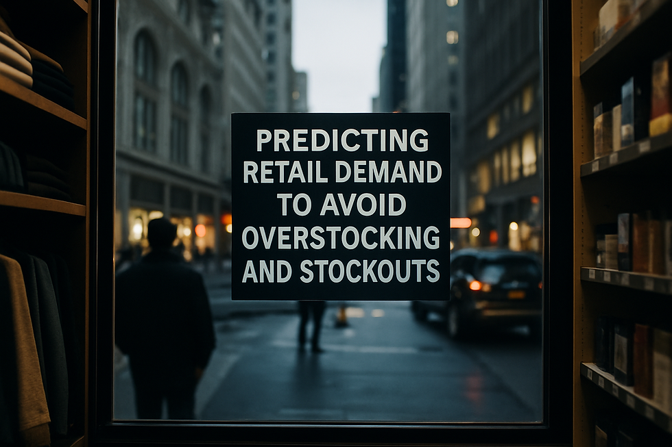 Retail store window with a bold sign reading 'Predicting Retail Demand to Avoid Overstocking and Stockouts' in a busy city street background, showcasing inventory shelves and silhouetted pedestrians, emphasizing machine learning in sales forecasting.