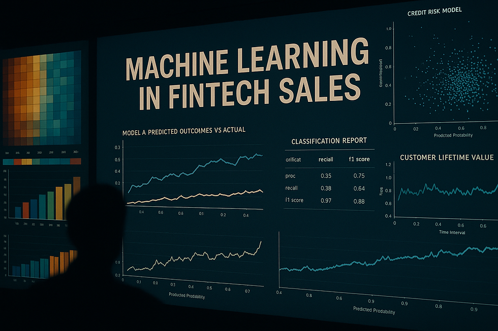 Ultra realistic dashboard showing machine learning applications in fintech sales, including credit risk modeling, customer lifetime value prediction, classification reports, and real-time data visualizations.