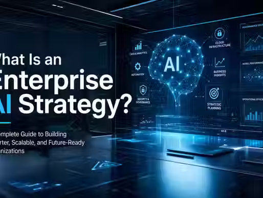 Enterprise AI strategy dashboard in a futuristic boardroom.