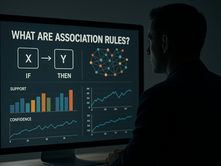 Ultra-realistic silhouette analyzing association rules on a monitor with IF→THEN diagram plus support, confidence, and lift charts for data mining.