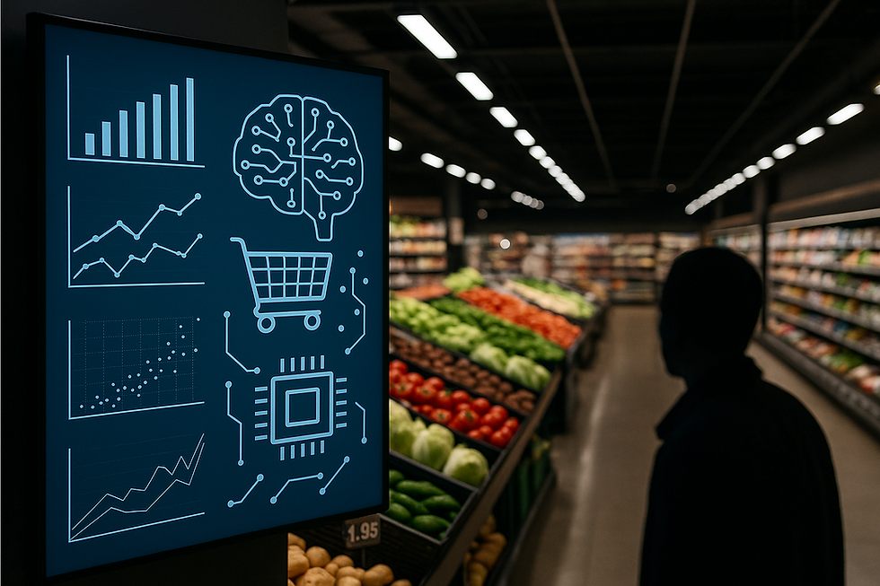 Ultra-realistic image of a modern retail supermarket using machine learning technology, featuring a digital screen with AI and data analytics icons next to shelves of fresh produce, with a silhouetted shopper in the foreground.