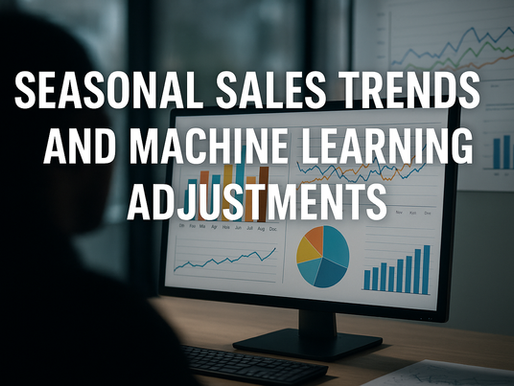 Ultra realistic image of a modern office with a computer monitor displaying colorful sales graphs, bar charts, and pie charts for seasonal sales trends and machine learning adjustments, with a silhouetted faceless person analyzing data in the foreground — representing advanced seasonal sales prediction with machine learning in business environments.