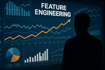 Silhouette of a business professional analyzing feature engineering data charts on a large digital screen, with graphs, pie charts, and upward sales trends representing the impact of machine learning on sales model performance.