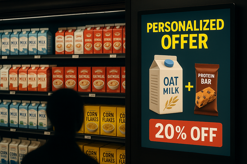 Digital display inside a grocery store aisle showing a personalized offer of 20% off on oat milk and protein bar, with shelves of milk, oatmeal, and cereal boxes in the background, and a silhouetted shopper in the foreground.