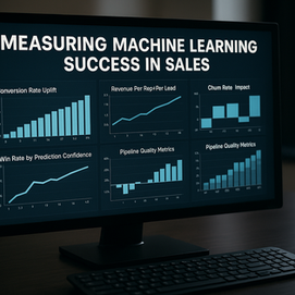 Ultra-realistic image of a desktop monitor displaying six key sales KPIs to measure machine learning success in sales, including conversion rate uplift, revenue per lead, churn impact, win rate by prediction confidence, and pipeline quality metrics, with a keyboard and mouse on a wooden desk in a modern office setting. No humans visible.