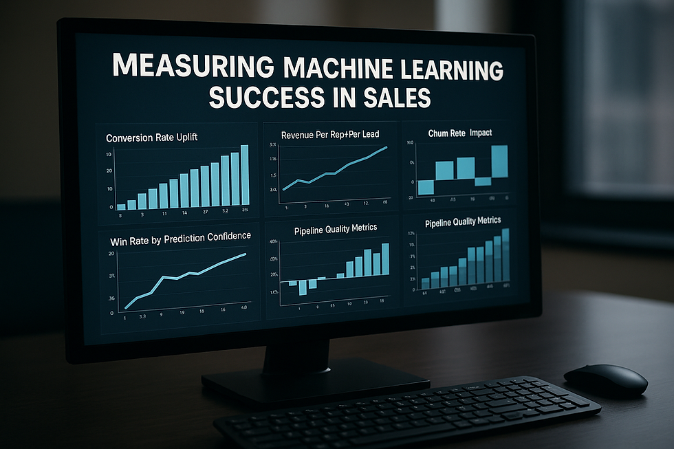 Ultra-realistic image of a desktop monitor displaying six key sales KPIs to measure machine learning success in sales, including conversion rate uplift, revenue per lead, churn impact, win rate by prediction confidence, and pipeline quality metrics, with a keyboard and mouse on a wooden desk in a modern office setting. No humans visible.