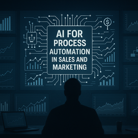 AI for process automation in sales and marketing dashboard with data visualizations, charts, graphs, and a silhouetted professional analyzing performance insights on a high-tech screen in a dark control room.