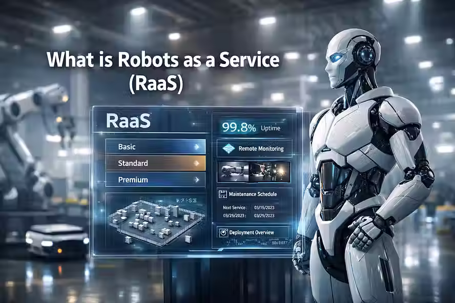 Humanoid service robot in a smart warehouse with a holographic RaaS subscription dashboard.