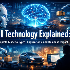 Ultra-realistic AI technology banner with holographic brain, robot profile, and business analytics.