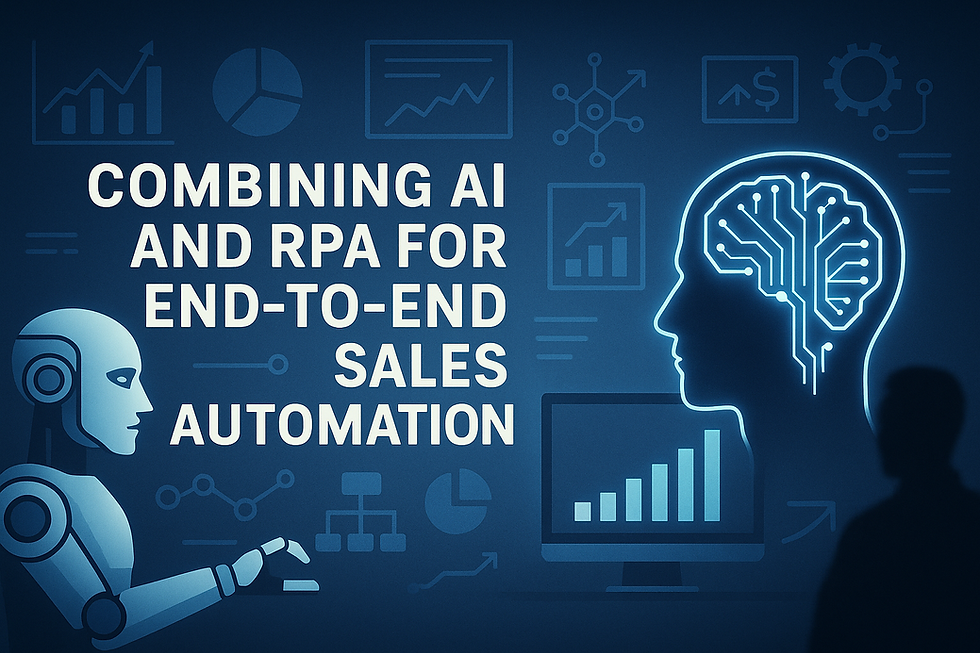 Ultra-realistic image representing the integration of AI and RPA for end-to-end sales automation, featuring a robotic arm, AI brain circuitry, digital sales charts, and a silhouetted human figure on a high-tech blue background.
