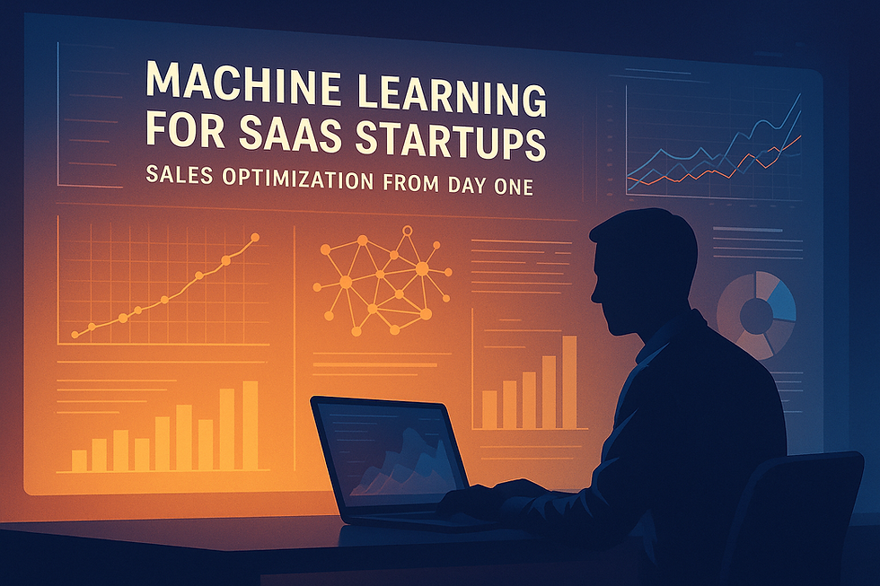 Silhouetted professional analyzing machine learning sales data on a laptop, with charts and graphs for SaaS sales optimization displayed on a digital screen in an ultra-realistic office environment.