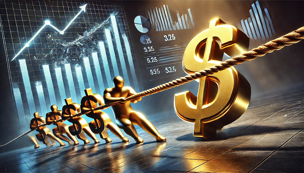 Conceptual illustration of a tug-of-war between dollar symbols representing low pricing and profit bars symbolizing sustainability, with a background of abstract arrows and graphs indicating business dynamics and challenges in market penetration pricing decisions.