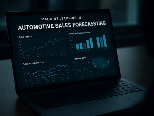 Ultra-realistic laptop screen showing machine learning dashboard for automotive sales forecasting with charts on sales trends, vehicle types, regional data, and predicted vs actual performance in a dark office setting