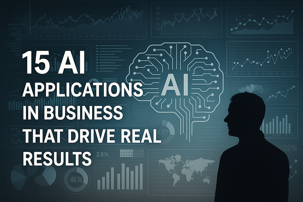 Silhouetted business leader viewing AI brain graphic and data dashboards—text reads “15 AI Applications in Business That Drive Real Results”.