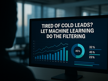Ultra-realistic image of a computer monitor displaying data visualizations and the text "Tired of Cold Leads? Let Machine Learning Do the Filtering," with bar charts, line graphs, and pie charts representing lead qualification analytics, in a dimly lit office environment featuring a faceless silhouette.