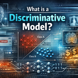 Ultra-realistic banner: “What is a Discriminative Model?” with AI decision boundary and classification visuals.