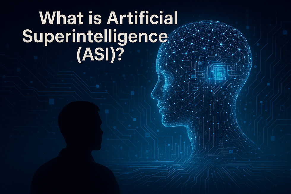 Ultra realistic digital illustration of Artificial Superintelligence (ASI) concept showing glowing blue wireframe human head made of circuits and neural connections, facing a silhouetted faceless human figure on dark tech background with title text 'What is Artificial Superintelligence (ASI)?' – futuristic AI technology theme.