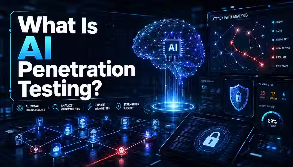 AI penetration testing cybersecurity dashboard with AI brain and vulnerability analysis.