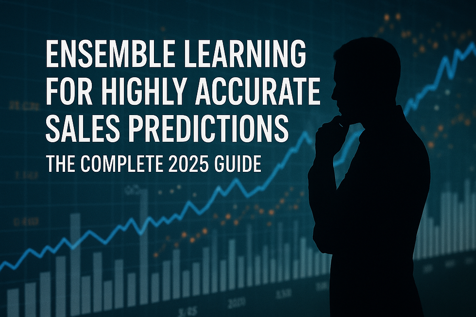 Ultra-realistic cover image for 2025 sales forecasting guide, featuring the title 'Ensemble Learning for Highly Accurate Sales Predictions' in bold white text, with a faceless silhouetted business professional analyzing a rising data graph and bar chart in the background. Represents AI-driven revenue forecasting and machine learning accuracy improvement.