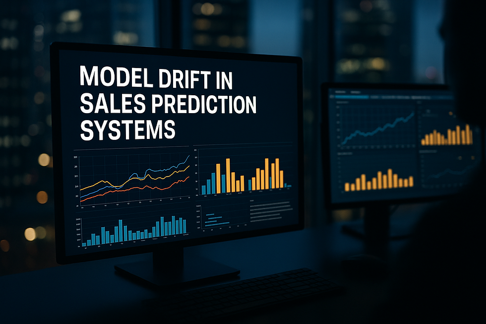 Ultra-realistic dual-monitor office setup showing sales prediction dashboards with charts and graphs; main screen displays “Model Drift in Sales Prediction Systems”; background features city skyline and a silhouetted, faceless figure.